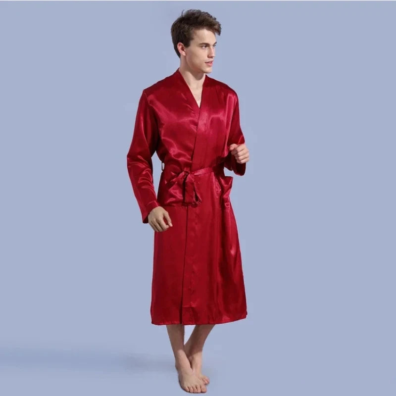 Men's V Neck Satin Robe Kimono Long Bathrobe Pajamas Sleepwear Christmas Robes for Wedding Party Men Loungewear Dressing Gown
