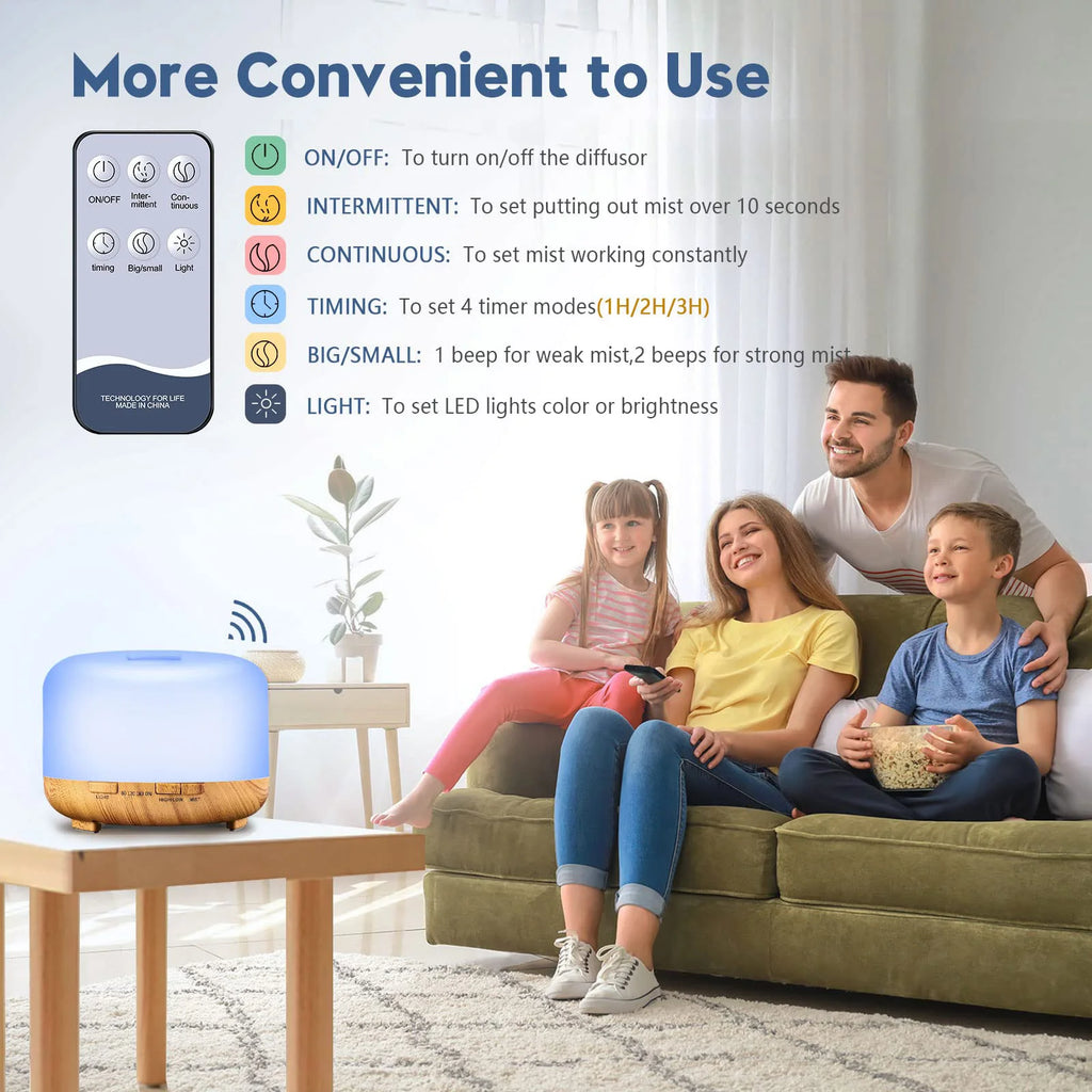500ML Aroma Diffuser (6 Oils Optional), 5V 2A Essential Oil Aromatherapy Diffuser Humidifier with Remote Control