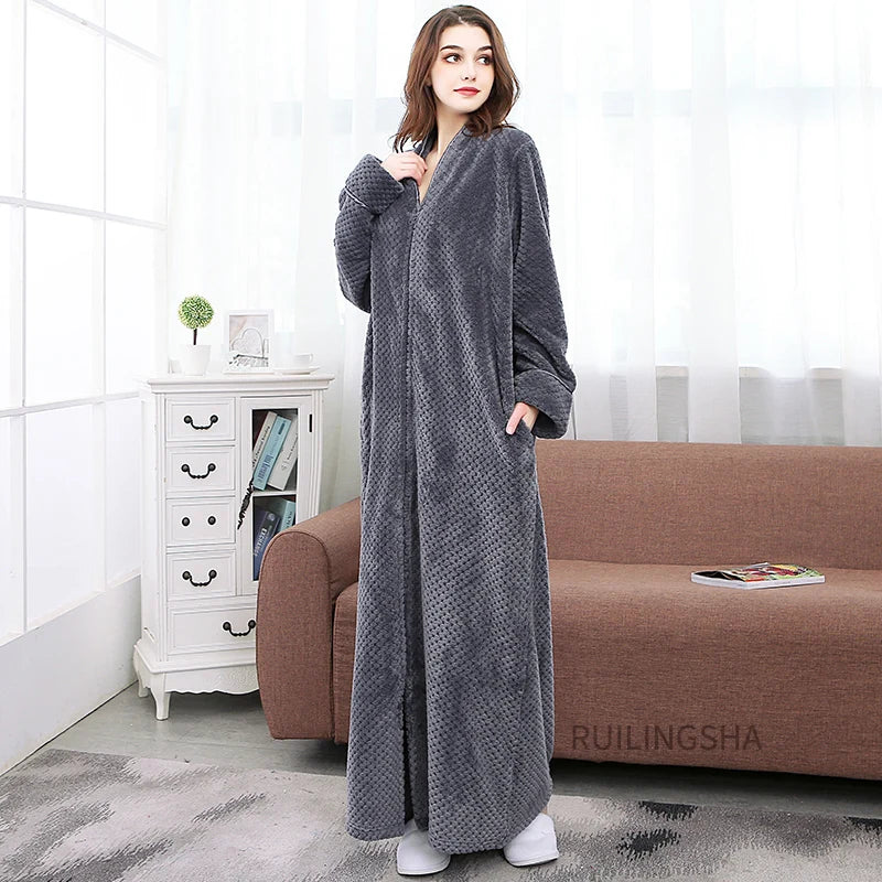 Women Winter Plus Size Long Warm Flannel Bathrobe Zipper Hooded Bath Robe Pregnant Coral Fleece Dressing Gown Men Sleepwear Spa