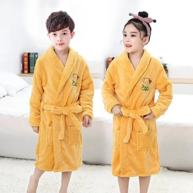 Winter Thicken Bathrobes for Kids Girls Flannel Warm Nightgown Teens Boys Bathing Robe Solid Color Night Robe Baby Dressing Gown