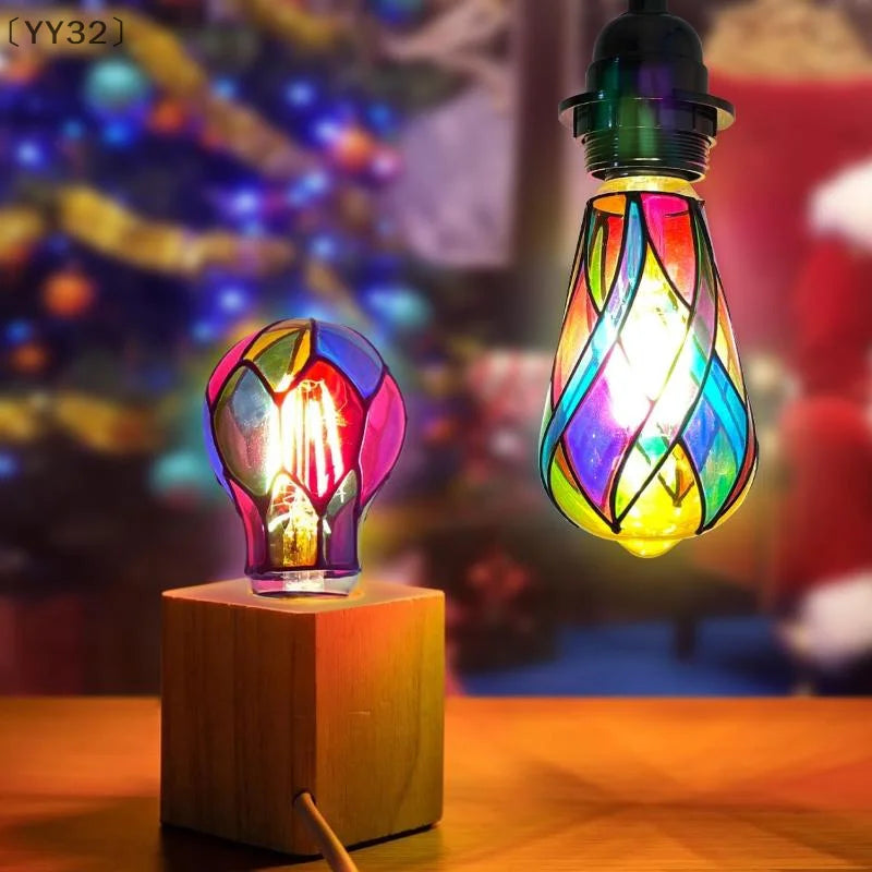 〔YY32〕Stained Glass Light Bulb 4W ST64 LED Light Bulb Painted Glass E26 Base Mosaic Night Lamp Home Decor Romantic Atmosphere