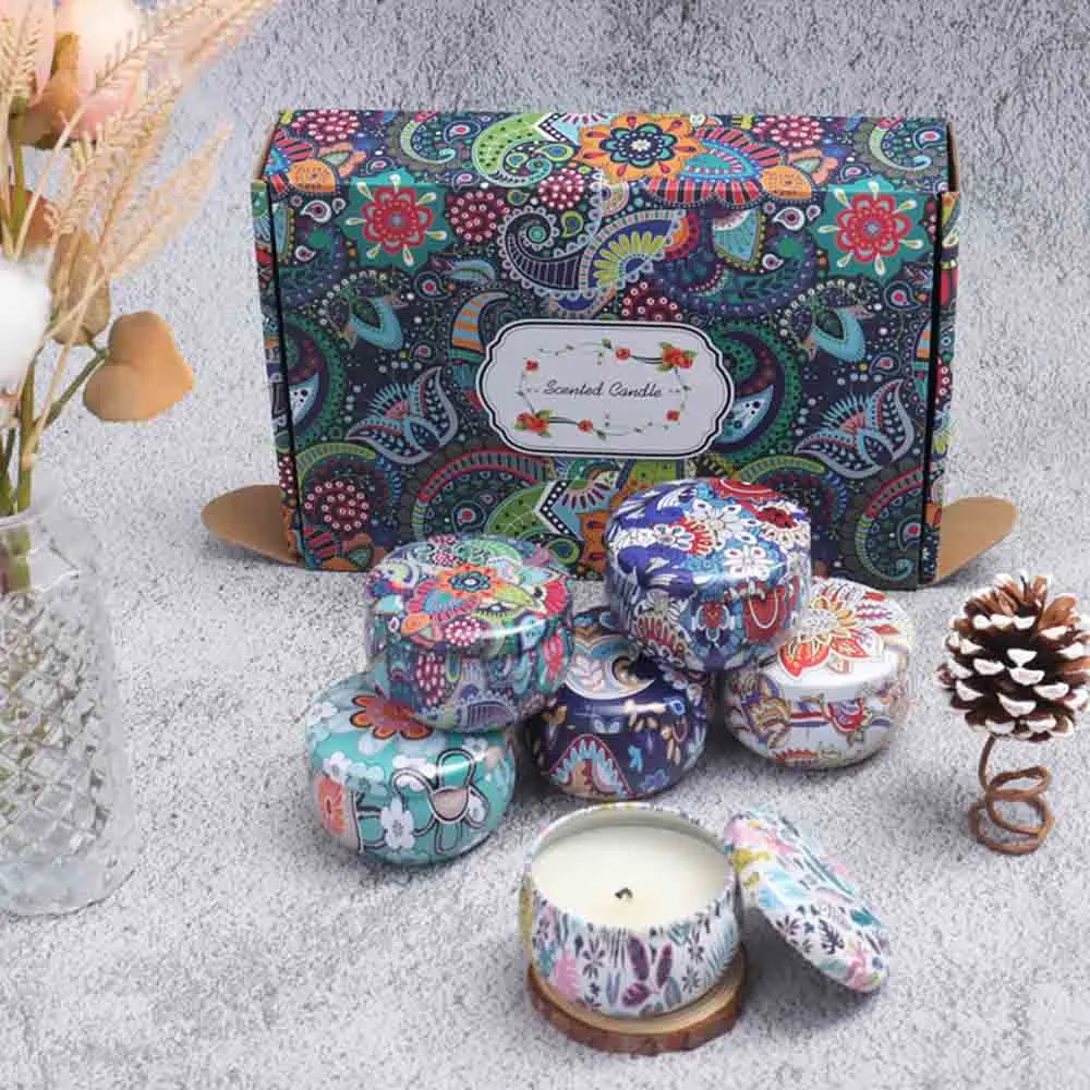 1 Box of 6 Tin Can Candle Set Soy Wax Essential Oil Dried Floral Scented Candle Gift Set Wedding Birthday Gift Home Decoration