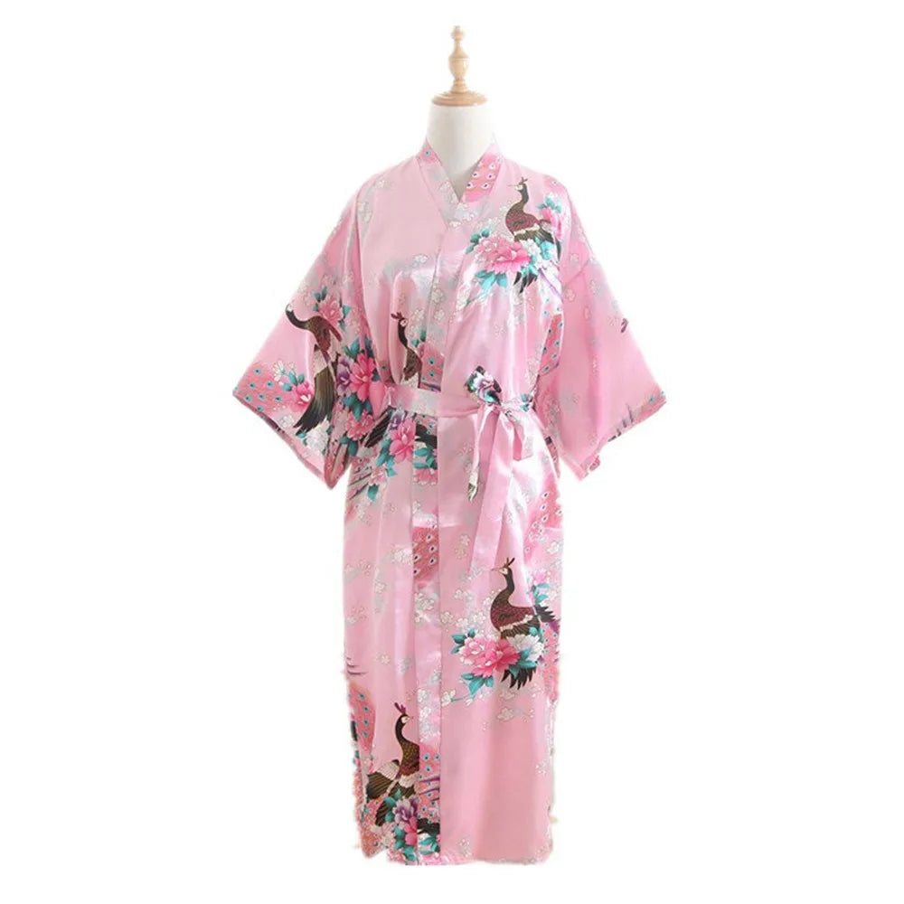 Women Long Robe Print Flower Peacock Kimono Bathrobe Gown Bride Bridesmaid Wedding Robes Sexy Sleepwear