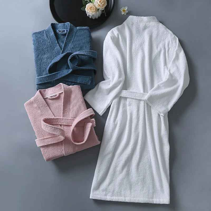 Women Towel Bathrobe 100%Cotton Long Thick Absorbent Terry Bath Robe Kimono Men LightWeight Waffle Solid Dressing Gown Sleepwear