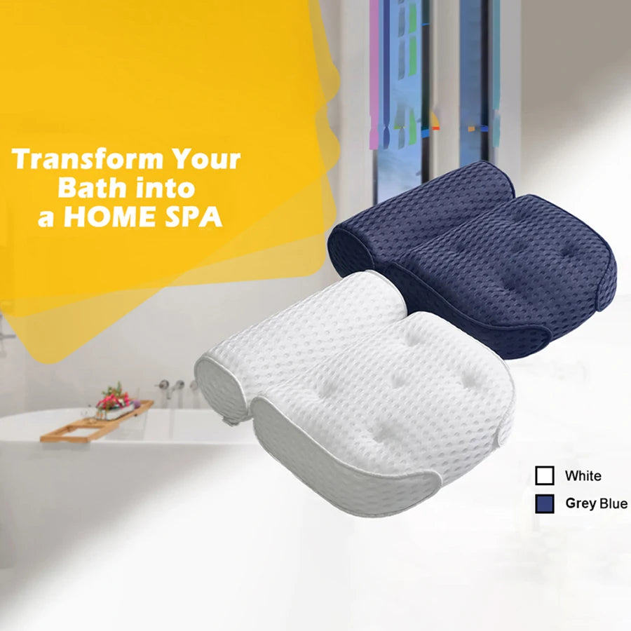 Bath pillow with 4D breathable mesh and 7 suction cups to help support the head, back, shoulders and neck, suitable for all bath