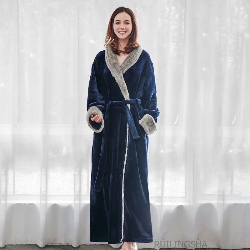 Night Dress Women Bathrobe Flannel Robe Women's Winter Lengthened Coralline Plush Shawl Bathrobe Long Sleeved Warm Bath Robe Men