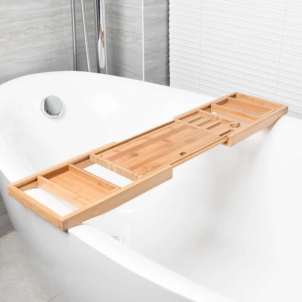 Expandable Luxury Wooden Bathtub Caddy Tray Bathtub Accessories 23.62''-34.25'' Soap Dish Non Slip Tablet Holder Storage Holder