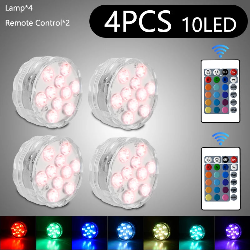 10 LEDs RGB Submersible LED Lights Underwater Night Lamp Battery Operated Garden Swimming Pool Light for Wedding Party Vase Bowl