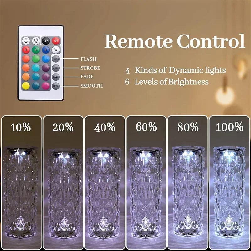 16 Colors LED Rose Light Projector Crystal Table Lamp Home Bar Decoration Touch Recharging Romantic Diamond Atmosphere Light