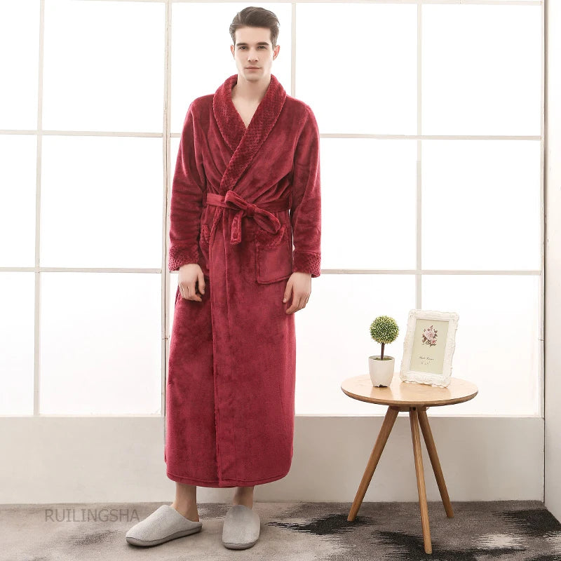 Night Dress Women Bathrobe Flannel Robe Women's Winter Lengthened Coralline Plush Shawl Bathrobe Long Sleeved Warm Bath Robe Men