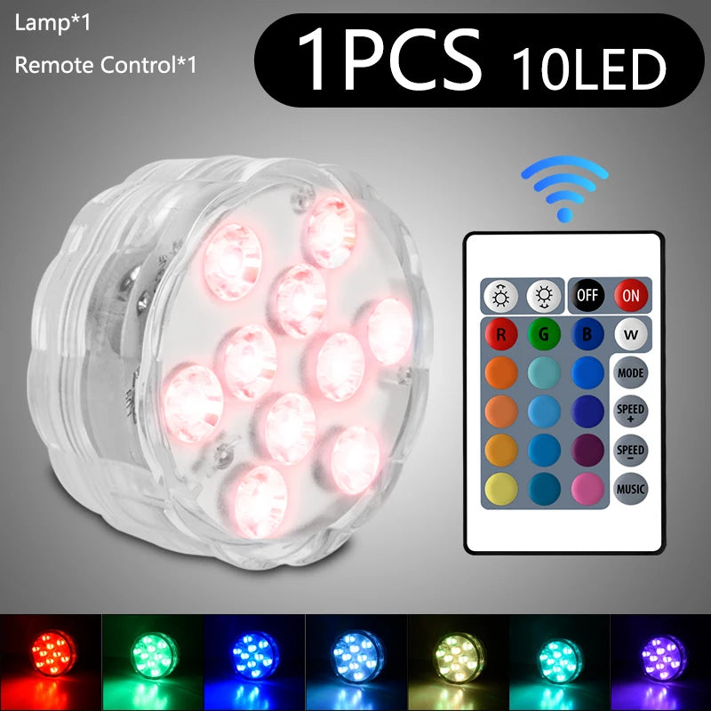 10 LEDs RGB Submersible LED Lights Underwater Night Lamp Battery Operated Garden Swimming Pool Light for Wedding Party Vase Bowl