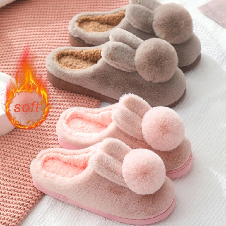 Cotton Slippers for Women with Rabbit Design Thick Soled Cold Proof Warm Indoor House Shoes Non Slip Comfort