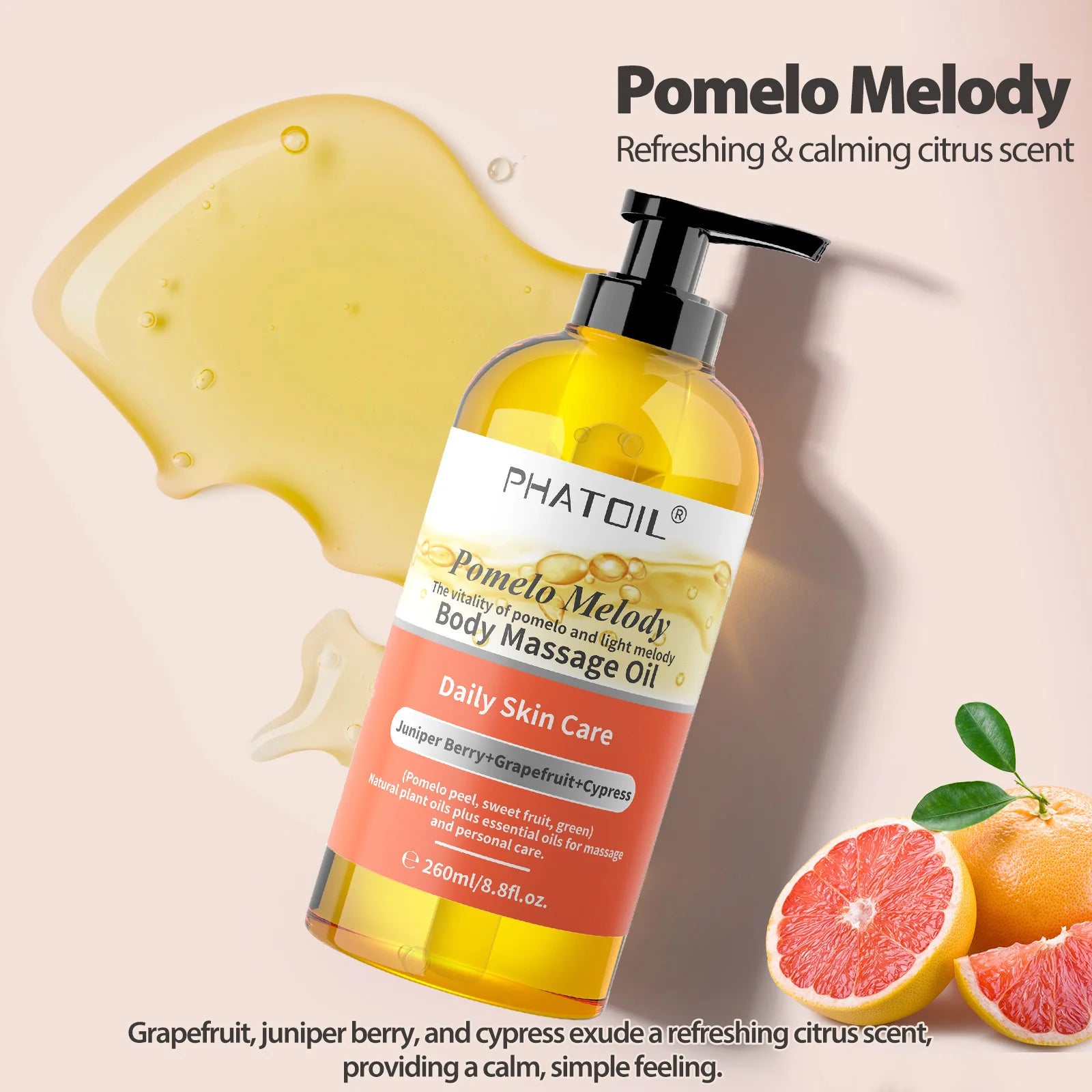 PHATOIL 260ml Body Oil-Deeply Moisturizing & Soothing Massage Oil with Long-Lasting Fragrance Vanilla Ginger Rosemary Body Oils