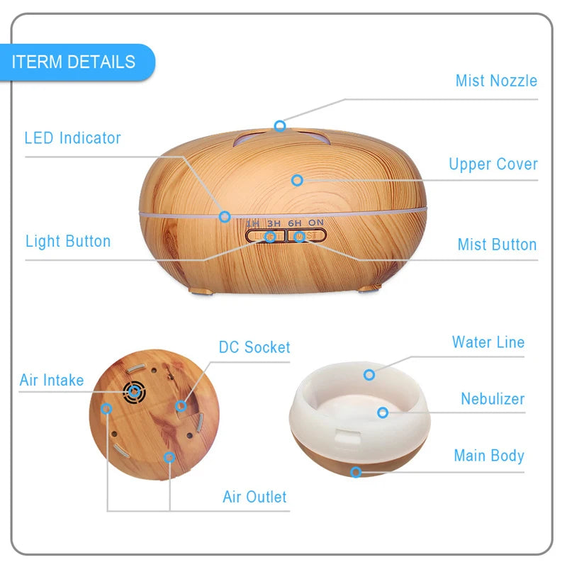 500ML Aromatherapy Essential Oil Diffuser Wood Grain Remote Control Ultrasonic Air Humidifier Cool with 7 Colorful LED Light