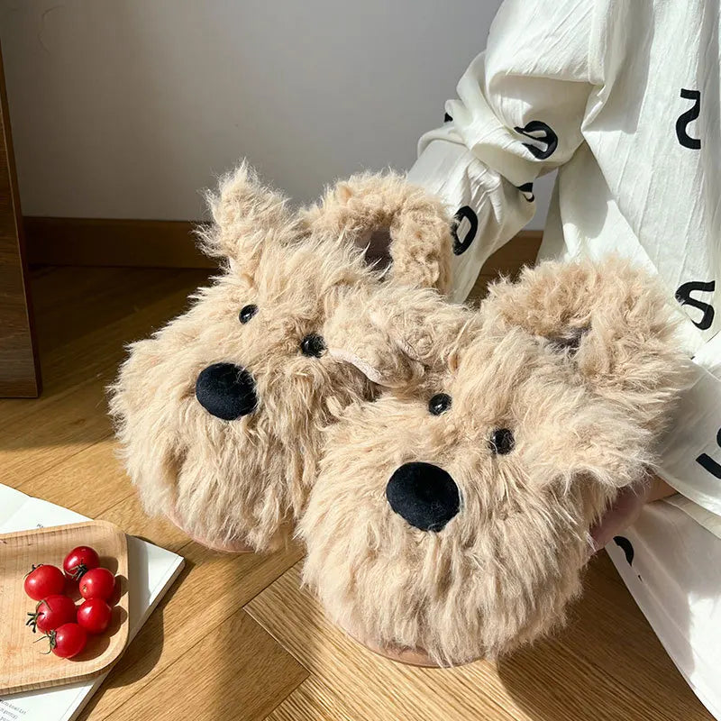 Dog Puppy Slipper Women Home Thermal Fuzzy Cute Winter Warm Fur Plush Indoor Lazy Female Furry House Shoe Flat Flip Flop Slide
