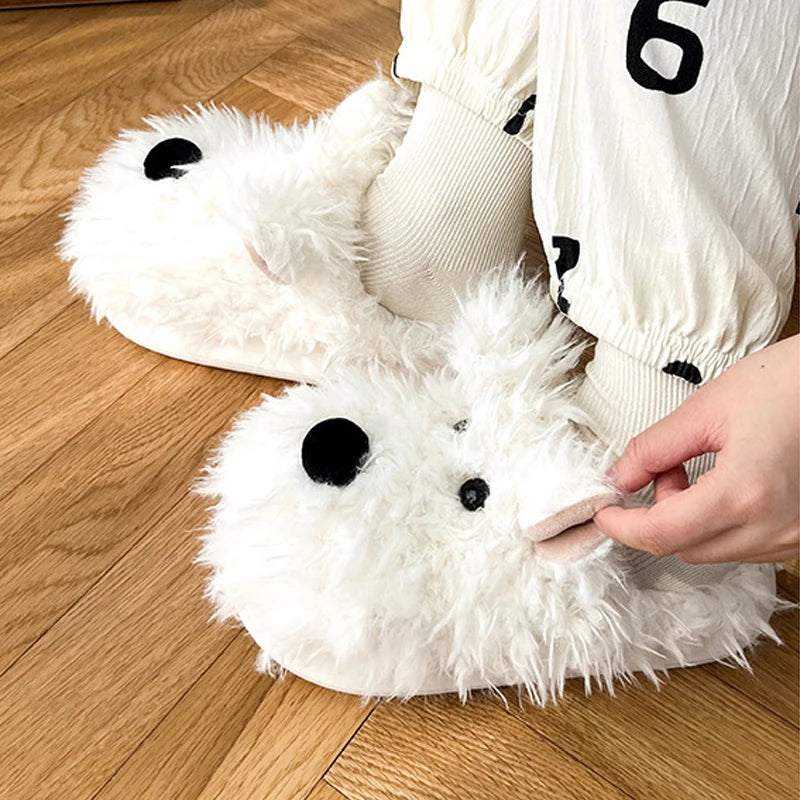 Dog Puppy Slipper Women Home Thermal Fuzzy Cute Winter Warm Fur Plush Indoor Lazy Female Furry House Shoe Flat Flip Flop Slide