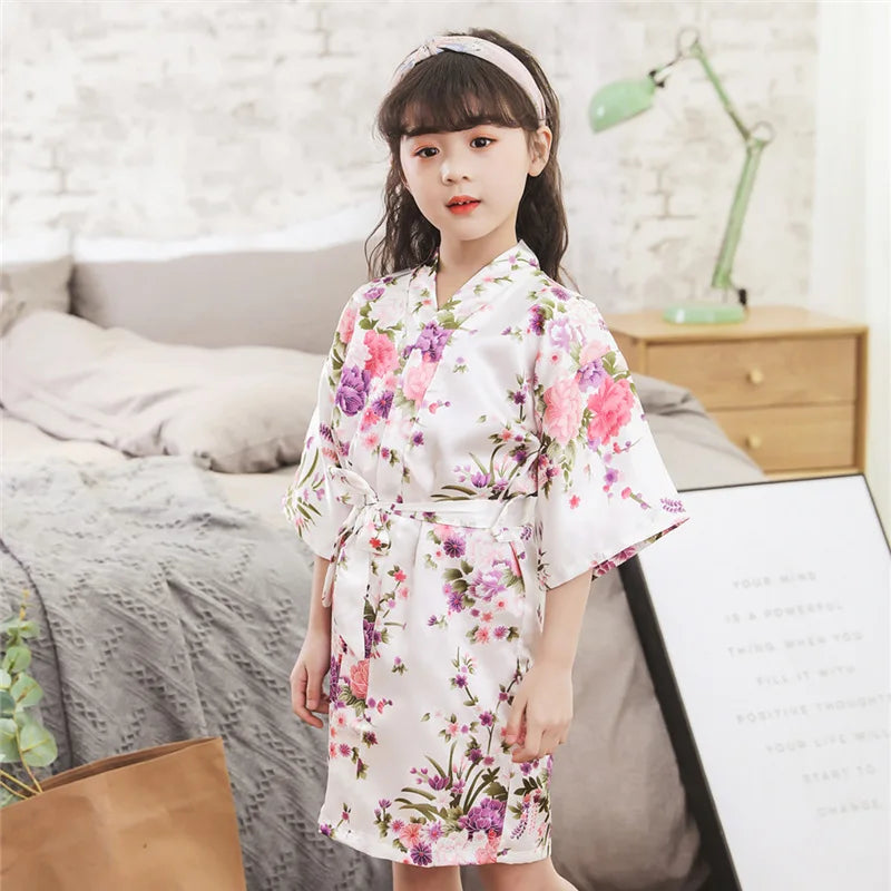 Floral Print Summer Infant Baby Girls Robes Toddler Baby Kids Girls Floral Satin Kimono Robes Bathrobe Sleepwear Clothes