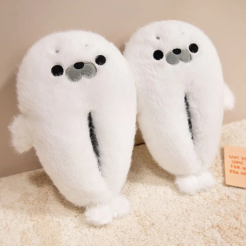 Winter Home Slippers for Couples Warm Plush Neutral Cartoon Seal Indoor Anti Slip Comfortable Cotton Slippers for Men and Women