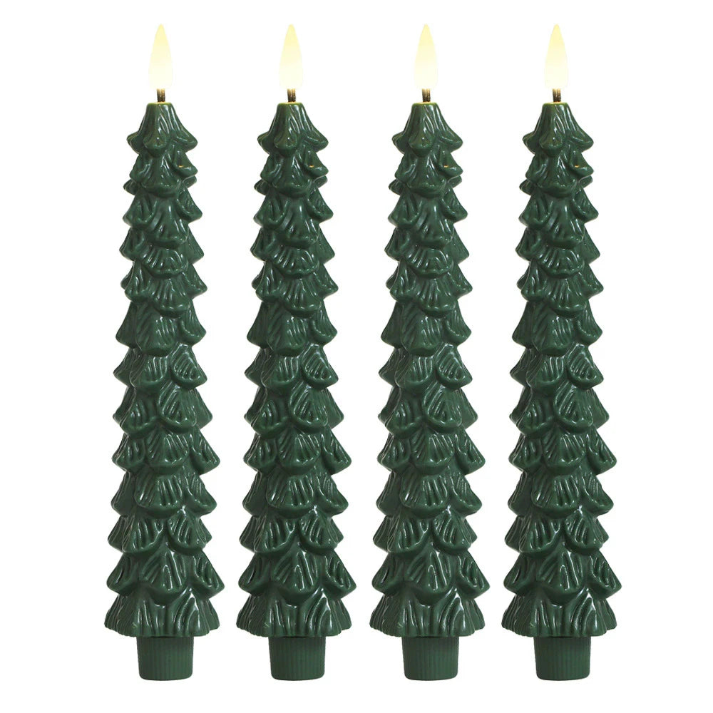 4pcs Christmas Tree LED Flameless Taper Candles, Flickering Christmas LED Taper Candles Light Battery Operated