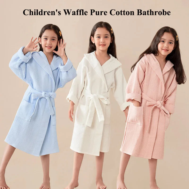 children's 100% Cotton Hooded Bathrobe Bear Solid Waffle Robes Kids Sleepwear with Belted Thick Soft Bath Robes for Girls Boys