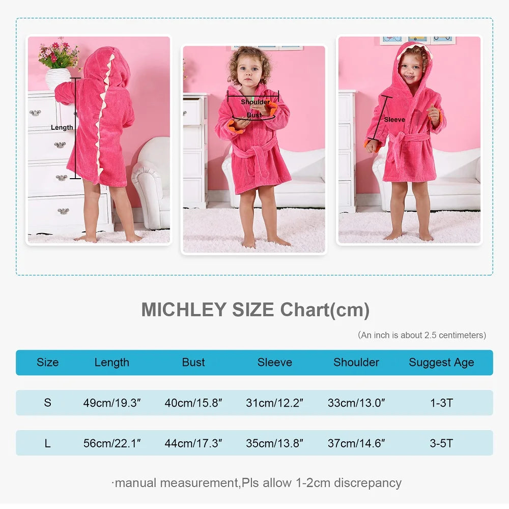 MICHLEY Dinosaur Baby Bathrobe Cartoon Cotton Hooded Soft Infant Bath Towel Robe Pajamas For Kids Boy Girl Children Winter 1-5T