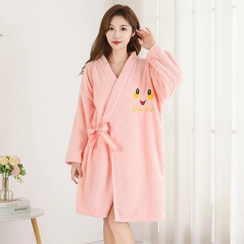 Thickened Warm Bathrobe Women's Shower Bathrobe Bath Towel Adult Student Pajamas Wearable Wrappable Sleeping Gown Girl Sleepwear