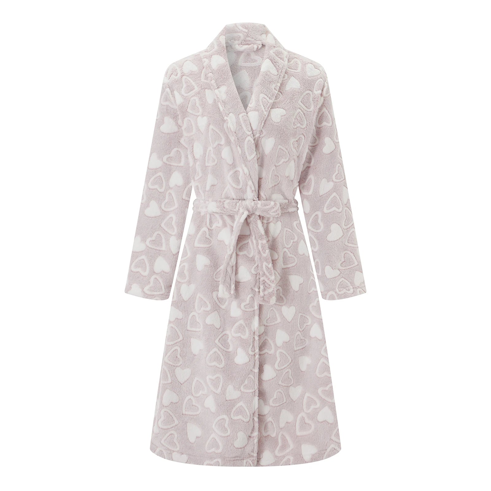 Women's Thick Flannel Bathrobe Heart Print Long Sleeve Fuzzy Plush Shawl Collar Bath Robe with Belt