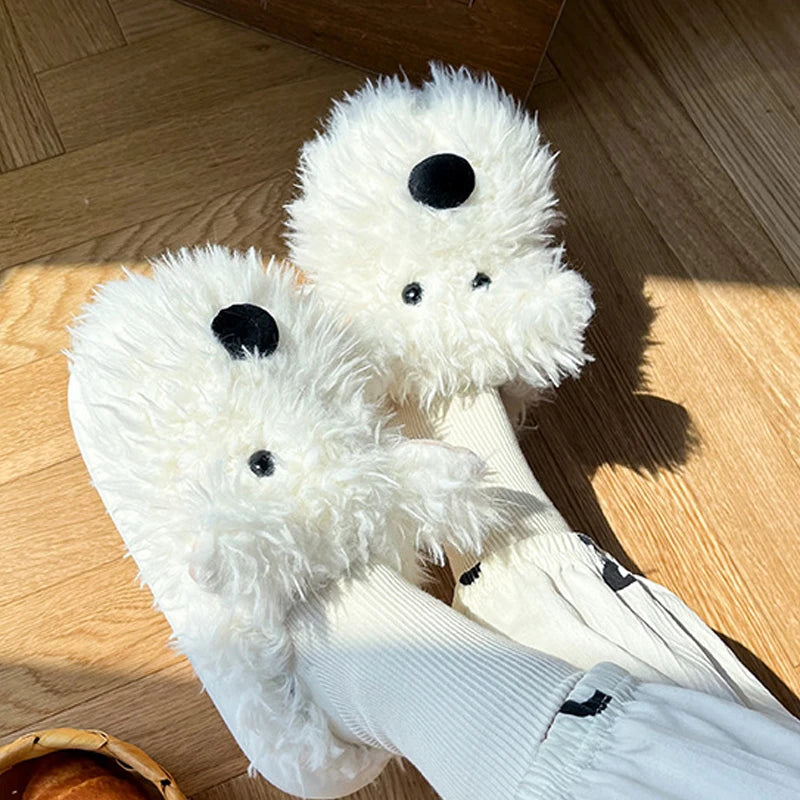 Dog Puppy Slipper Women Home Thermal Fuzzy Cute Winter Warm Fur Plush Indoor Lazy Female Furry House Shoe Flat Flip Flop Slide
