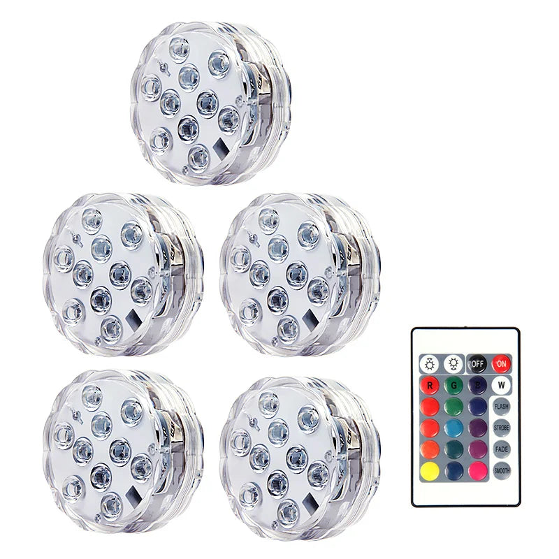 10leds RGB Led Submersible Light Underwater Night Lamp Battery Operated Garden Swimming Pool Light for Wedding Party Vase Bowl