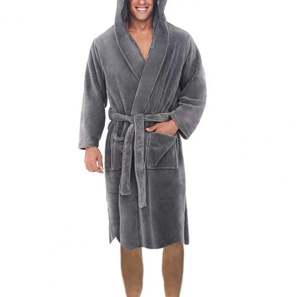 Oversize Men Bathrobe Long Sleeve Fleece Nightgown Winter Warm Hooded Long Robe Pajamas Fleece Gown Plush Bath Robe Sleepwear