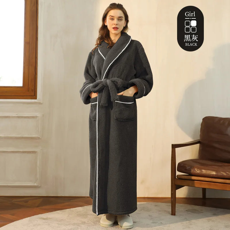 Men Plush Long Fleece Bathrobe Soft Terry Cloth Robe with Belt Multi-Color Cozy Loungewear for Unisex Warm Winter Sleep Robe