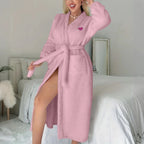 Women's Solid Color Waist Tied Robe Long Sleeve Winter Warm Bathrobe Home Wear Plush Soft Pajamas Home Nightgown