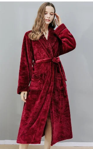 Women Men Flannel Bath Robe Sleepwear 2022 Autumn Winter Extra Long Home Dressing Gown Plush Couple Bathrobe Thick Warm Robes