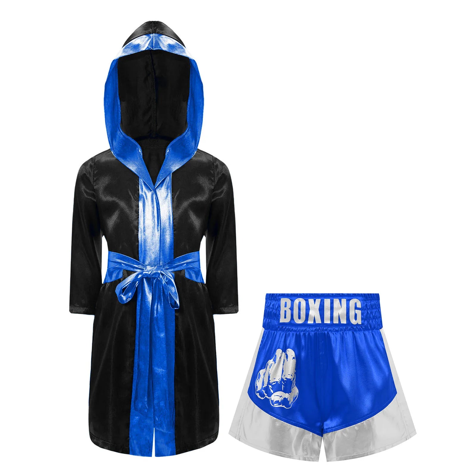 Kids Boxing Robe Outfits Cosplay Costume Metallic Trim Satin Belted Robe Kickboxing Hooded Cloak with Shorts for Halloween Party
