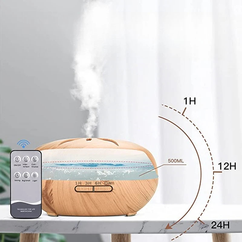 500ML Aromatherapy Essential Oil Diffuser Wood Grain Remote Control Ultrasonic Air Humidifier Cool with 7 Colorful LED Light