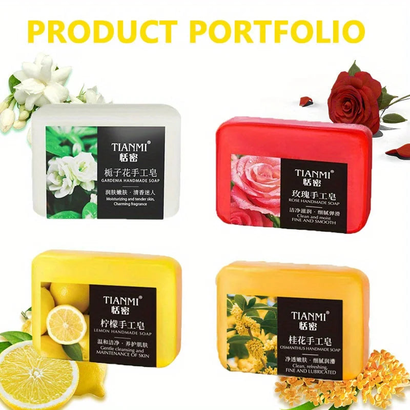 4-piece fruit and flower-scented shower gel bar set, featuring 4 different fragrances including rose and lemon.Deep cleansing