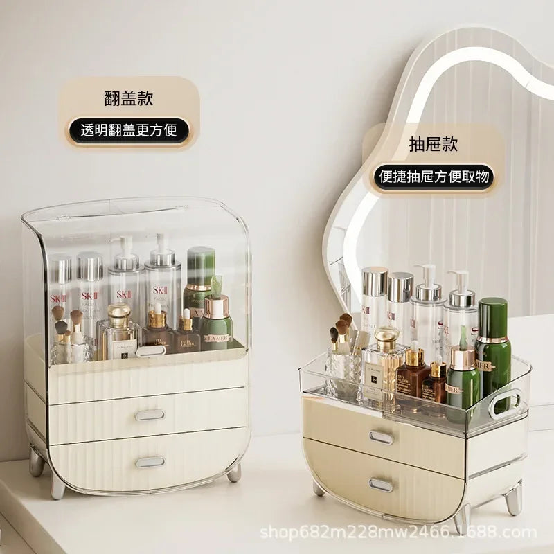 Cosmetics Storage Box, Dust-proof Flip Cover Bathroom Skincare Product Storage and Organizing Lipstick Drawer Style Shelf