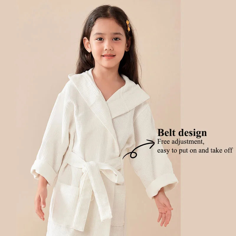 children's 100% Cotton Hooded Bathrobe Bear Solid Waffle Robes Kids Sleepwear with Belted Thick Soft Bath Robes for Girls Boys