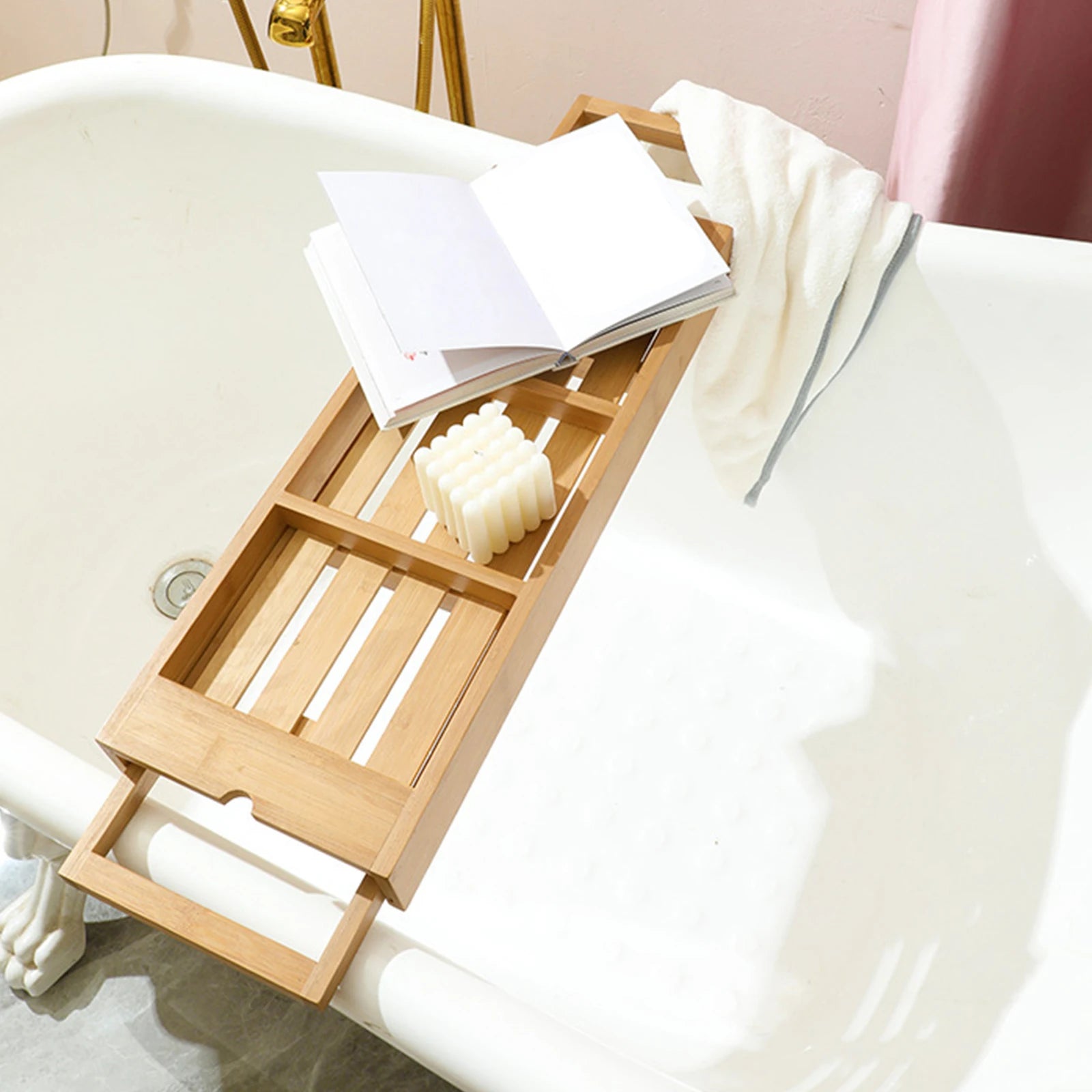Expandable Luxury Wooden Bathtub Caddy Tray Bathtub Accessories 23.62''-34.25'' Soap Dish Non Slip Tablet Holder Storage Holder