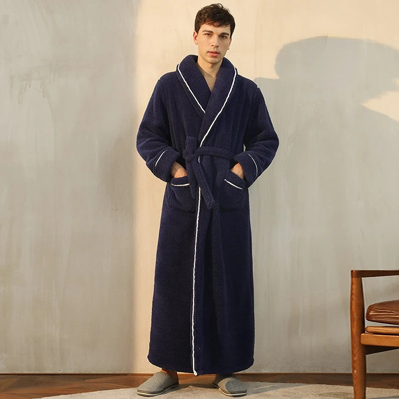 Men Plush Long Fleece Bathrobe Soft Terry Cloth Robe with Belt Multi-Color Cozy Loungewear for Unisex Warm Winter Sleep Robe