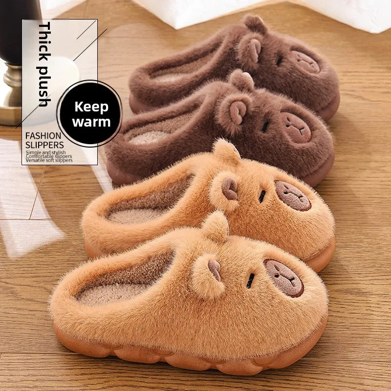 Winter Home Slippers for Couples Warm Plush Neutral Cartoon Cow Indoor Anti Slip Comfortable Cotton Slippers for Men and Women