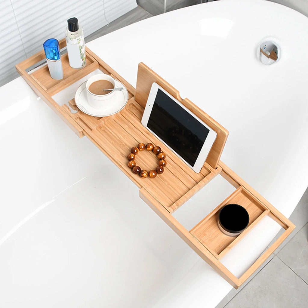 Expandable Luxury Wooden Bathtub Caddy Tray Bathtub Accessories 23.62''-34.25'' Soap Dish Non Slip Tablet Holder Storage Holder