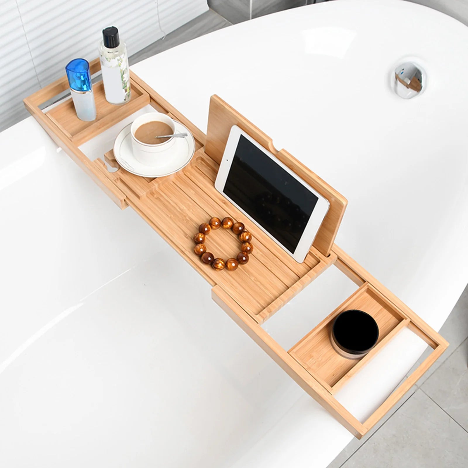 Expandable Luxury Wooden Bathtub Caddy Tray Bathtub Accessories 23.62''-34.25'' Soap Dish Non Slip Tablet Holder Storage Holder