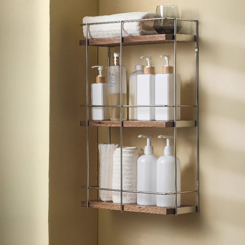 Bathroom Walnut Wall-Mounted Storage Rack, Stainless Steel Shelf for Toiletries, Hanging Organizer for Bathroom Essentials
