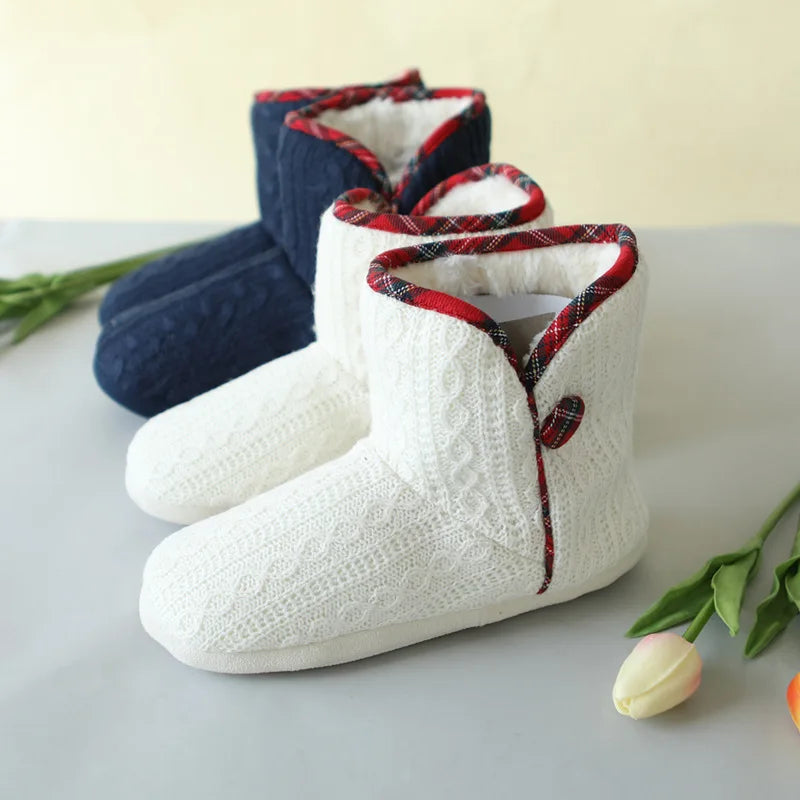 Winter Boots Slippers Women Knitted Ankle Boots Slippers Warm House Cotton Shoes Outdoor Indoor Plush Lining Boots