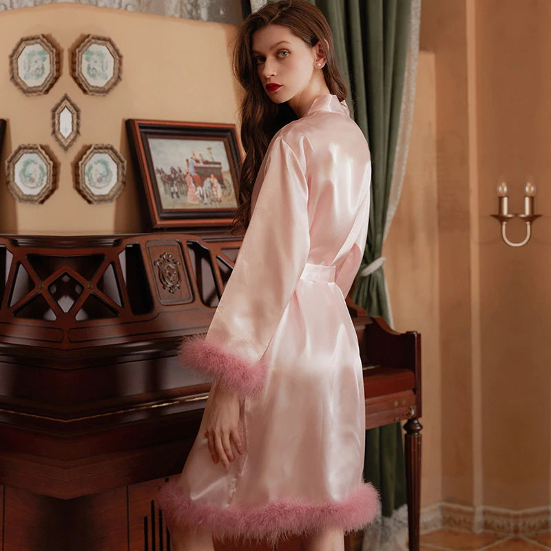 Women Feather Robe With Fur Sleepwear Bride Morning Satin Robes Nightgown Dress Elegant Wedding Bridesmaid Robe Gown Bathrobe