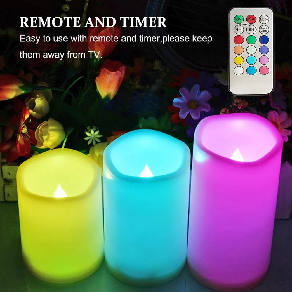 Flickering Flameless Candles with Remote Outdoor Indoor Multi Colored LED Pillar Candles for Festival Wedding Party Home Decor