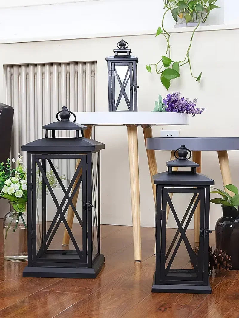 Large Glass Candle Holders Wedding Decorations Garden Black European Lamp Retro Iron Candle Holder Centerpieces Metal Lantern
