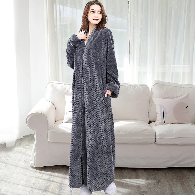 Women Winter Plus Size Long Warm Flannel Bathrobe Zipper Hooded Bath Robe Pregnant Coral Fleece Dressing Gown Men Sleepwear Spa