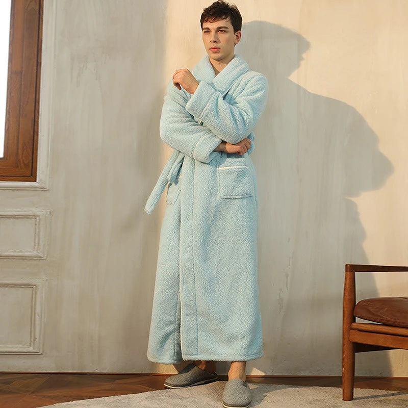 Men Plush Long Fleece Bathrobe Soft Terry Cloth Robe with Belt Multi-Color Cozy Loungewear for Unisex Warm Winter Sleep Robe
